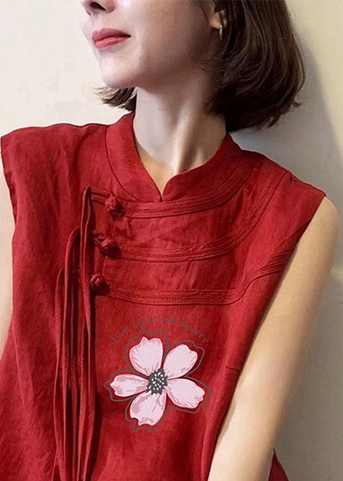 Red Tassel Oriental Button Cotton Top Sleeveless