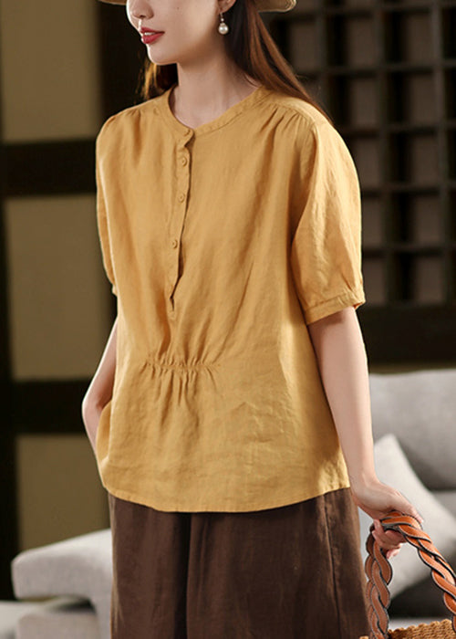 Yellow O Neck Wrinkled Linen Shirt Summer