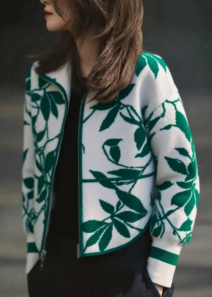 Green Zippered Patchwork Cotton Knit Cardigans Fall