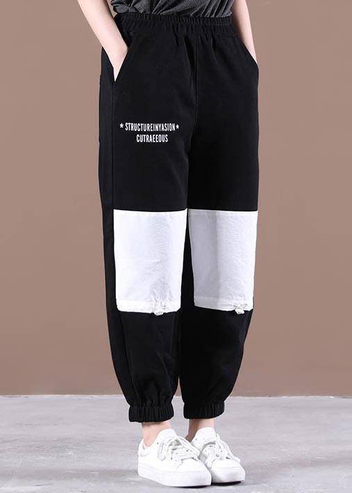 Natural Black Elastic Waist Patchwork Pants Summer Cotton