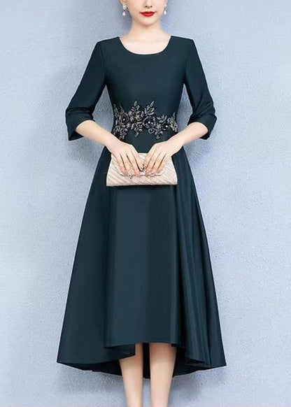 Green Low High Design Patchwork Silk Long Dress O Neck Summer