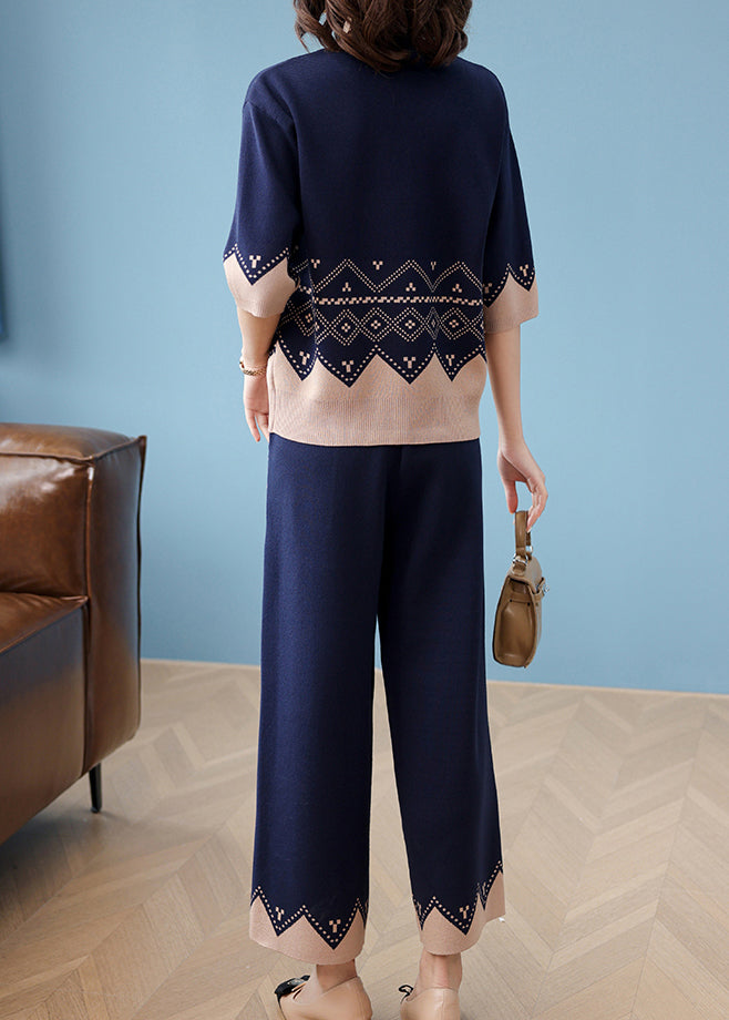 Unique Navy O Neck Knit Sets 2 Pieces Spring