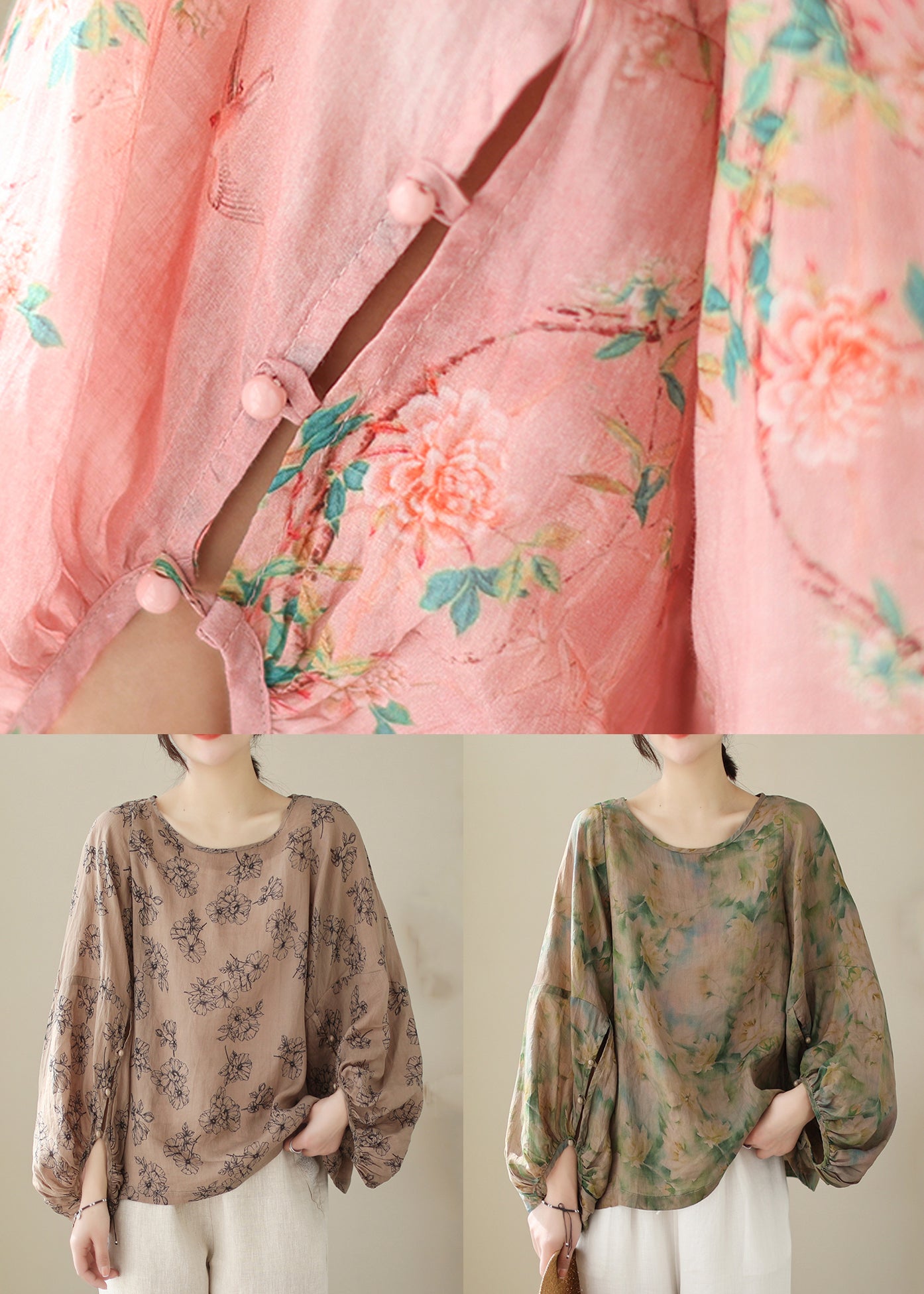 Pink Print Button Patchwork Cotton Tops Long Sleeve