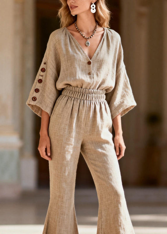 V Neck Linen Two Pieces Set Summer