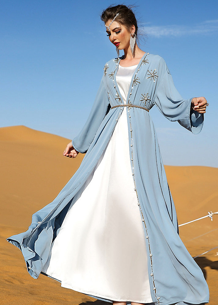 Diy Light Blue V Neck Embroideried Button Maxi Holiday Silk Cardigans Fall