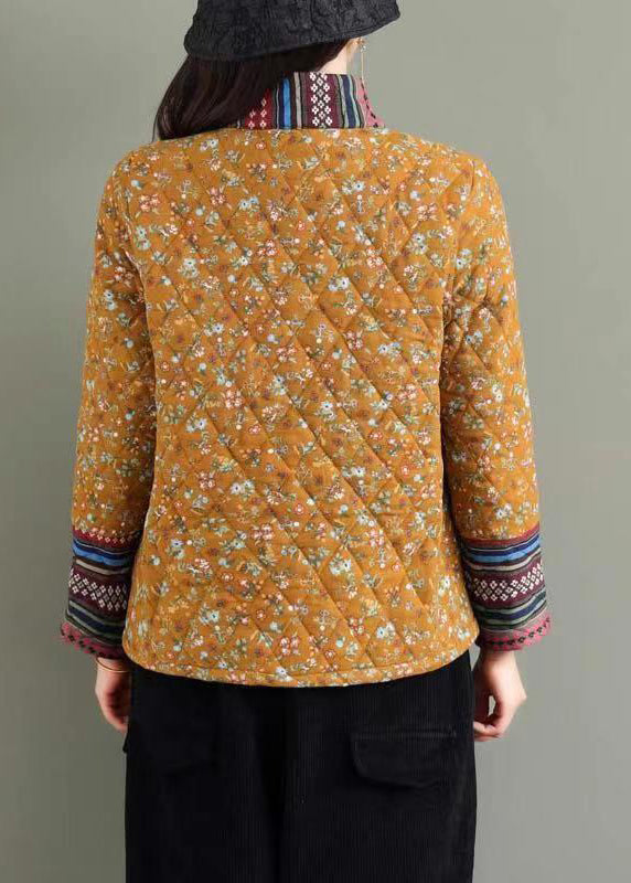 Yellow Stand Collar Print Fine Cotton Filled Puffers Jackets Winter