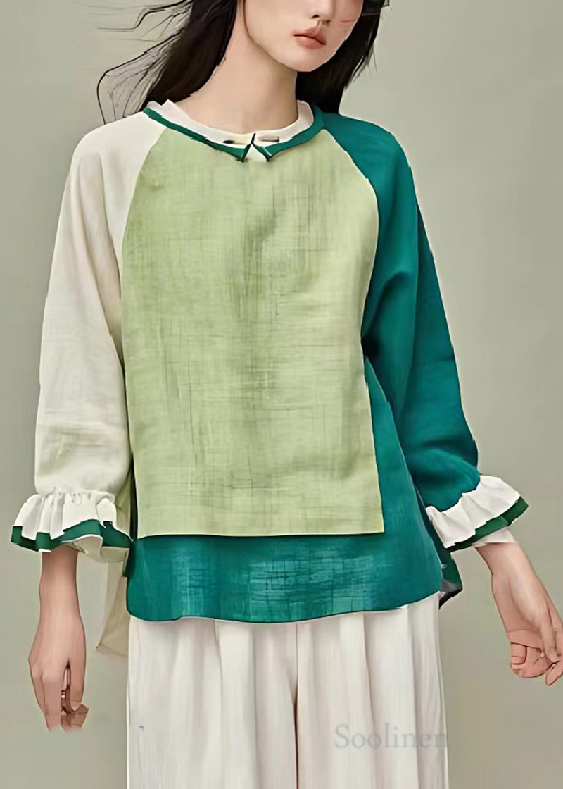 Grass Green Asymmetrical Patchwork Linen Blouse Top Summer