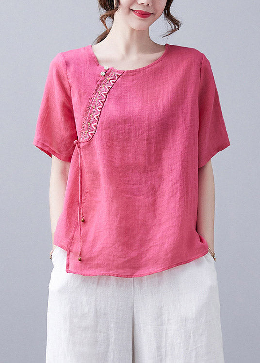 Simple Rose O-neck Asymmetrical Design Embroideried Top Short Sleeve