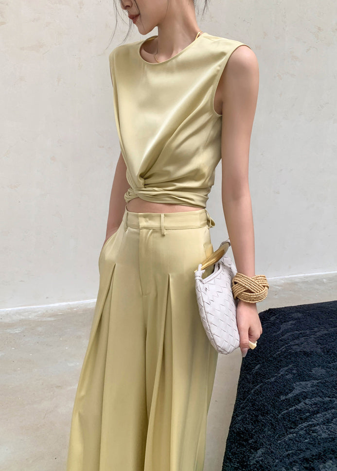 French Yellow O-neck Silk Top and Wide Leg Pants Two Pieces Set Sleeveless