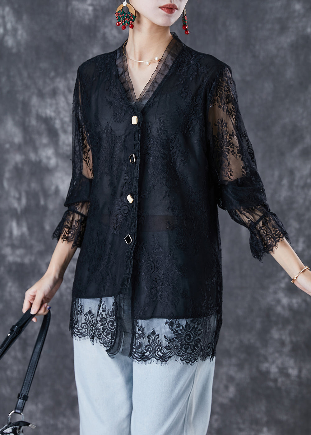 Black V Neck Patchwork Lace Shirt Fall