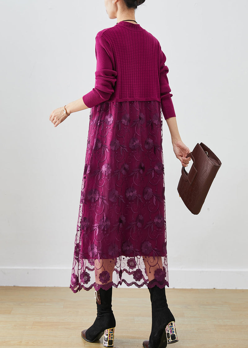 French Purple Embroideried Patchwork Knit Vacation Dresses Fall