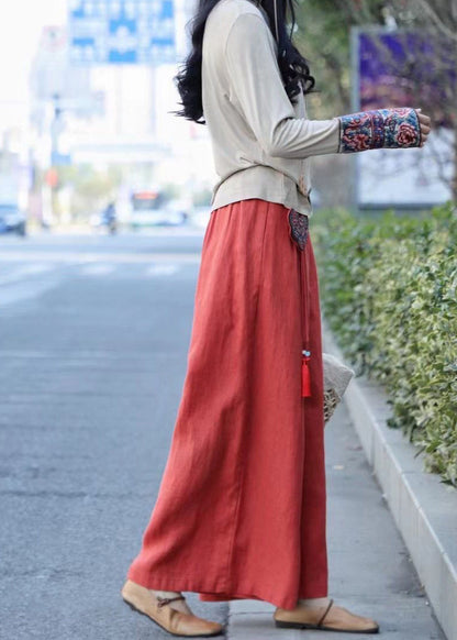 Unique Red Wrinkled Embroideried Pendant Linen Wide Leg Pants Spring