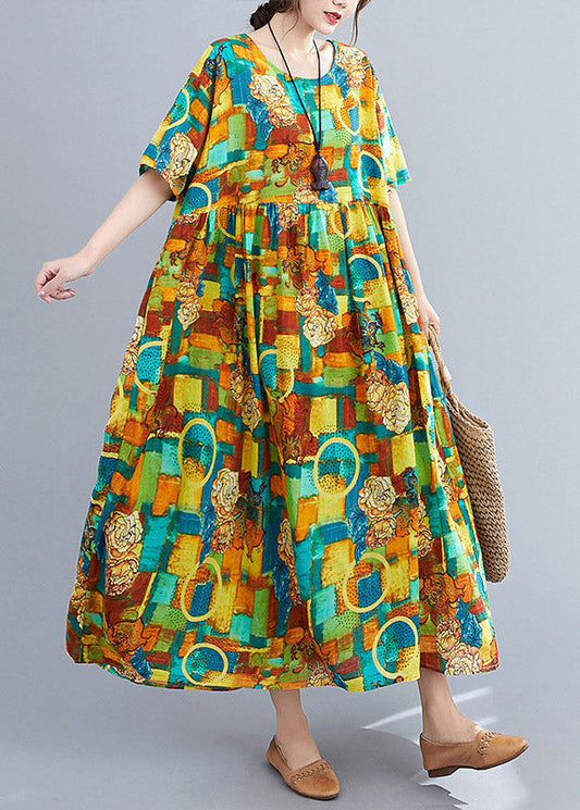 Green O-neck Print Wrinkled Party Dress Short Sleeve