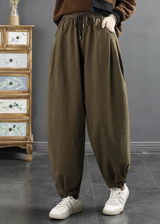 Green Elastic Waist Cotton Beam Pants Fall