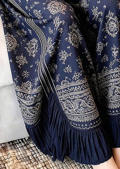 Navy Blue Asymmetrical Print Wrinkled Straight Pants