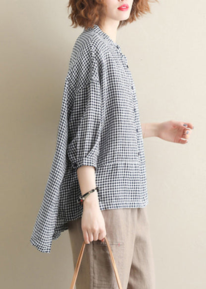 Stand Collar Buttton Low High Design Plaid Shirt Tops Half Sleeve