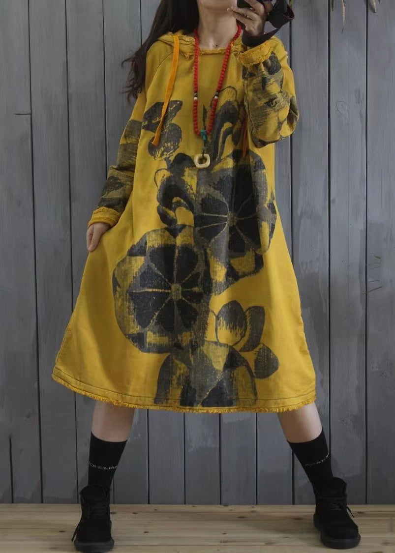 Purple Hooded Print Patchwork Cotton Dress Spring