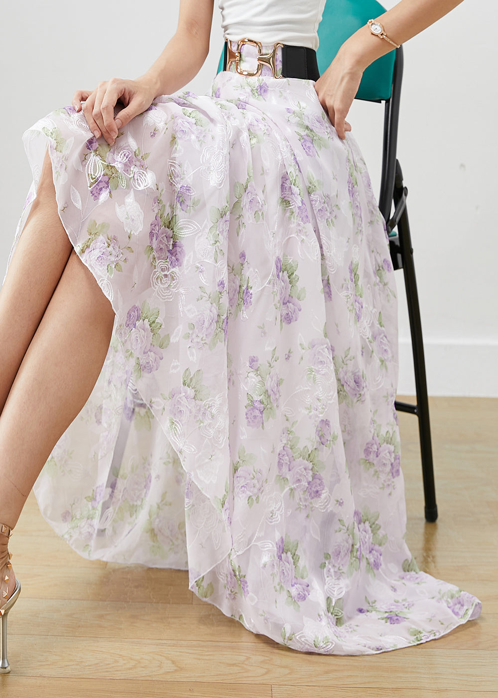 Purple Print Chiffon a Line Skirts Fall