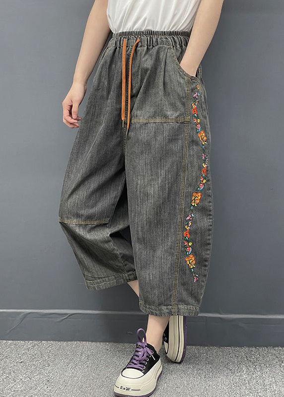 Dark Gray Embroideried Elastic Waist Denim Crop Pants Spring