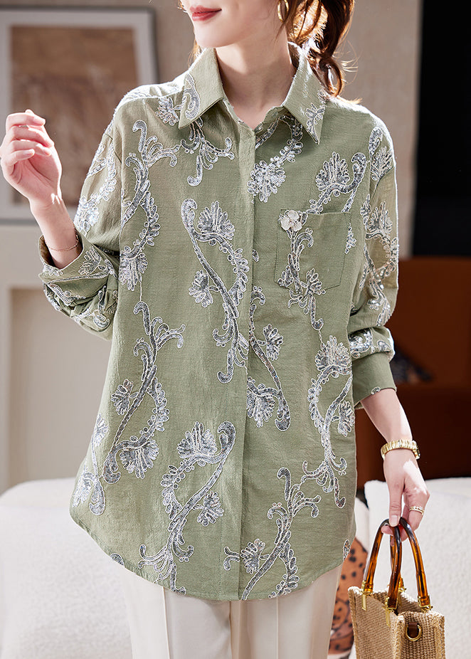 Style Green Sequins Button Cotton Top Lantern Sleeve
