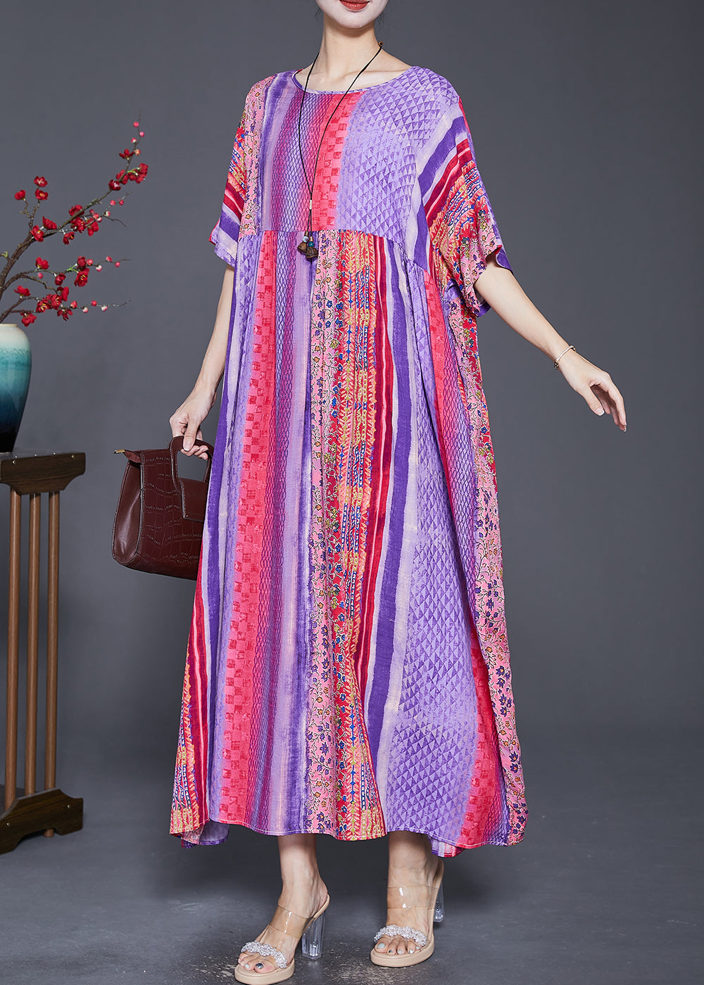Purple Oversized Striped Cotton Maxi Dresses Summer