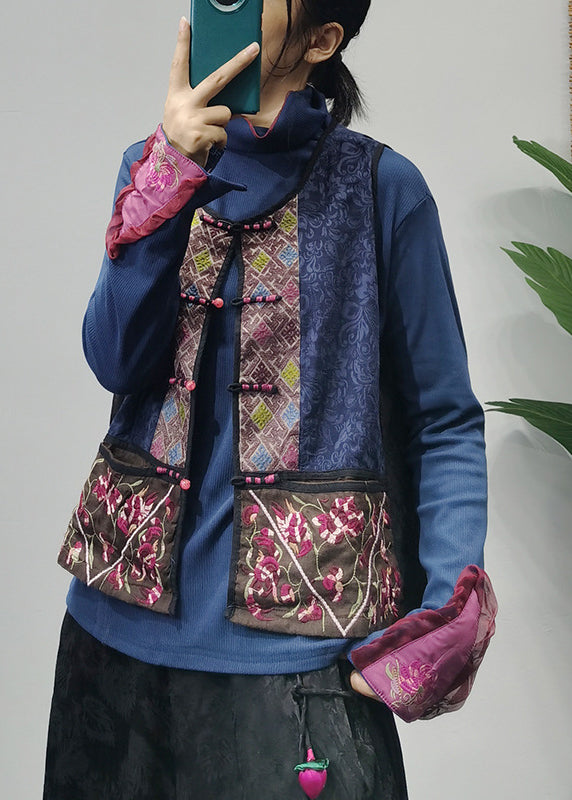 Style Black O-neck Embroideried Patchwork Vest Spring