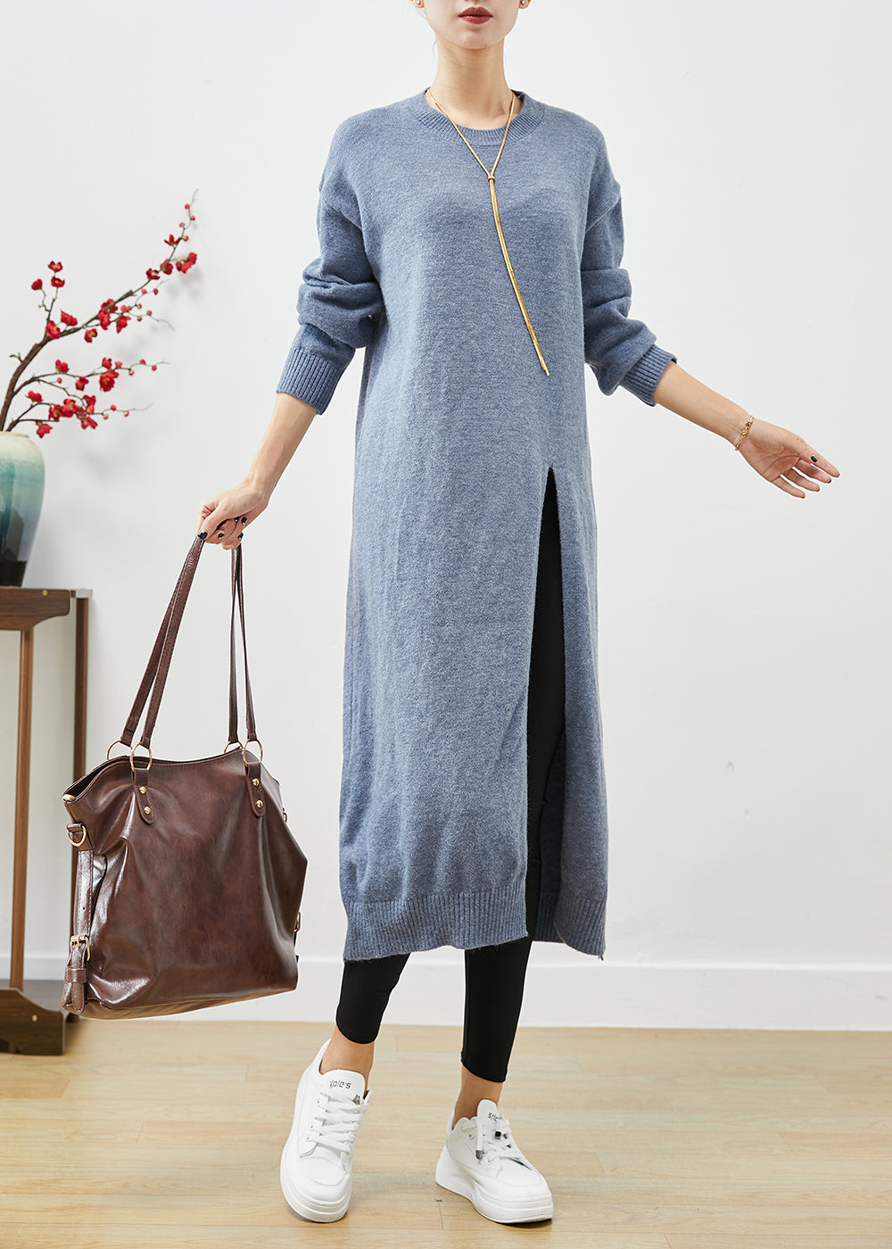 Style Blue Grey O-neck Side Open Knit Long Dress Fall