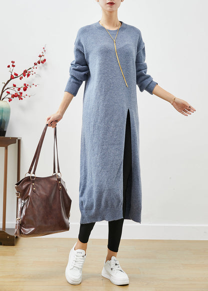 Style Blue Grey O-neck Side Open Knit Long Dress Fall