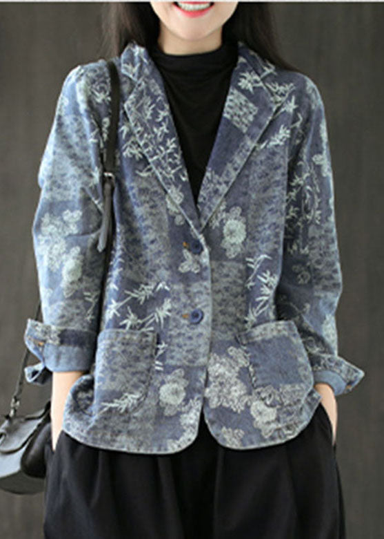Blue Print Western-style Clothes Coat Pocket Long Sleeve