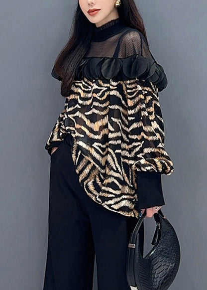 Yellow Leopard Tulle Patchwork Chiffon Top Long Sleeve