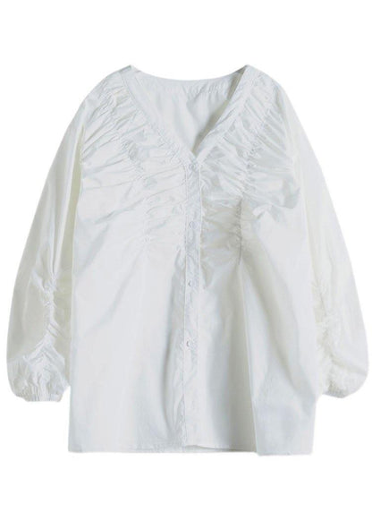 Boutique White V Neck Button Fall Long Sleeve Blouse Top