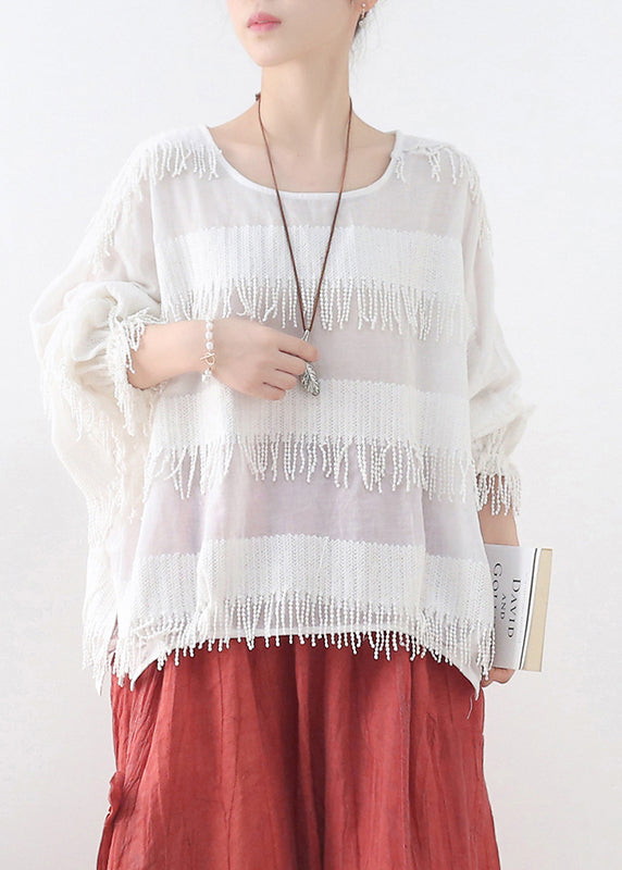 White Cotton Pullover Tops Tassel Side Open Lantern Sleeve