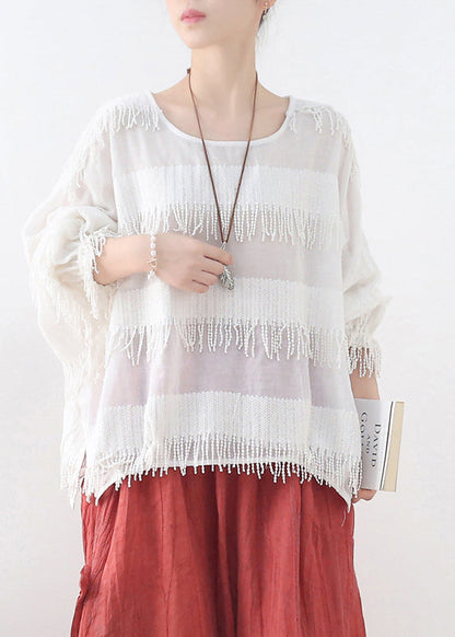 White Cotton Pullover Tops Tassel Side Open Lantern Sleeve