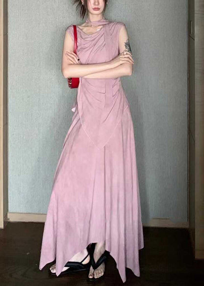 Pink Asymmetrical Tops and Skirts Cotton Two Pieces Set Sleeveless