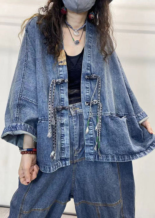 Loose Blue V Neck Button Patchwork Denim Coats Long Sleeve Spring
