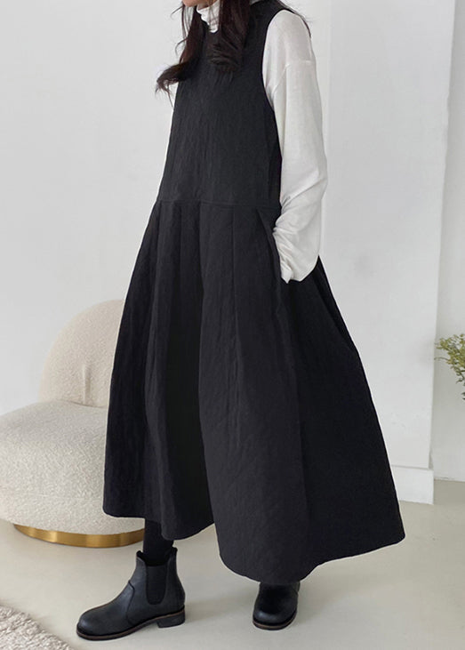 Simple Black O-neck Pockets Cotton Filled Tank Dress Sleeveless