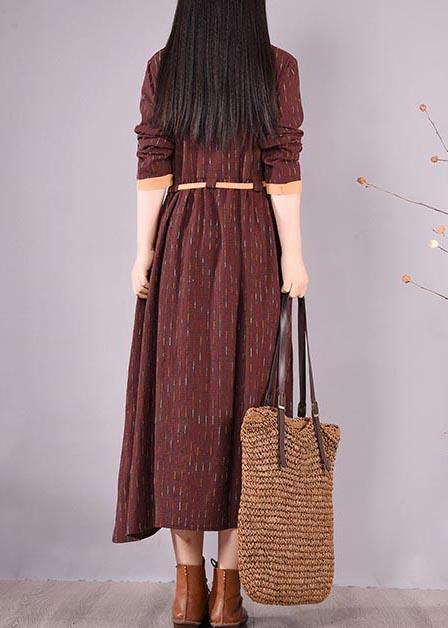 Modern O Neck Tie Waist Spring Wardrobes Shirts Burgundy Striped Dresses
