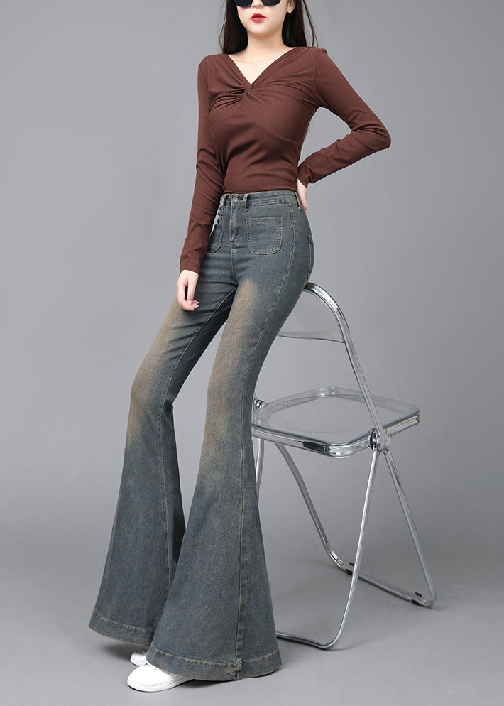 Navy High Waist With Pockets Denim Flare Bottoms Spring