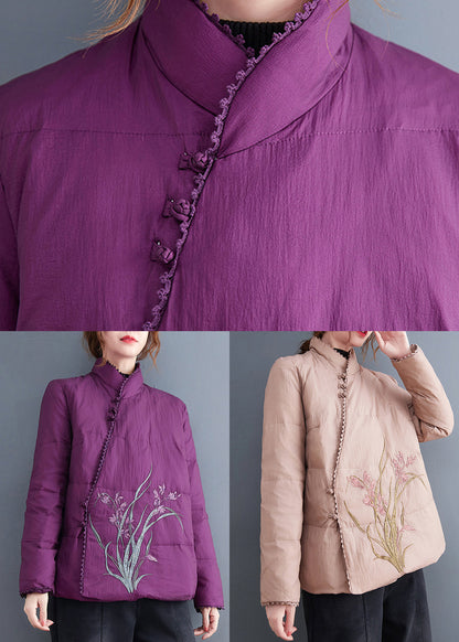 Pink Stand Collar Embroideried Fine Cotton Filled Jackets Winter