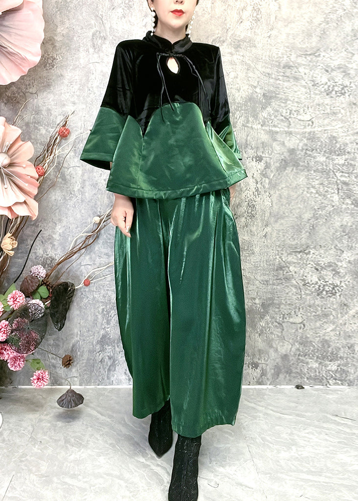 Green Stand Collar Tasseled Patchwork Velour Two Piece Set Spring