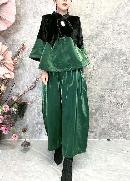 Green Stand Collar Tasseled Patchwork Velour Two Piece Set Spring