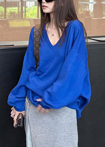 Loose Blue V Neck Knit Sweater Tops Fall