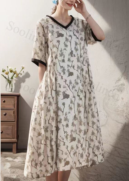 Beige V Neck Print Silk Maxi Dress Summer