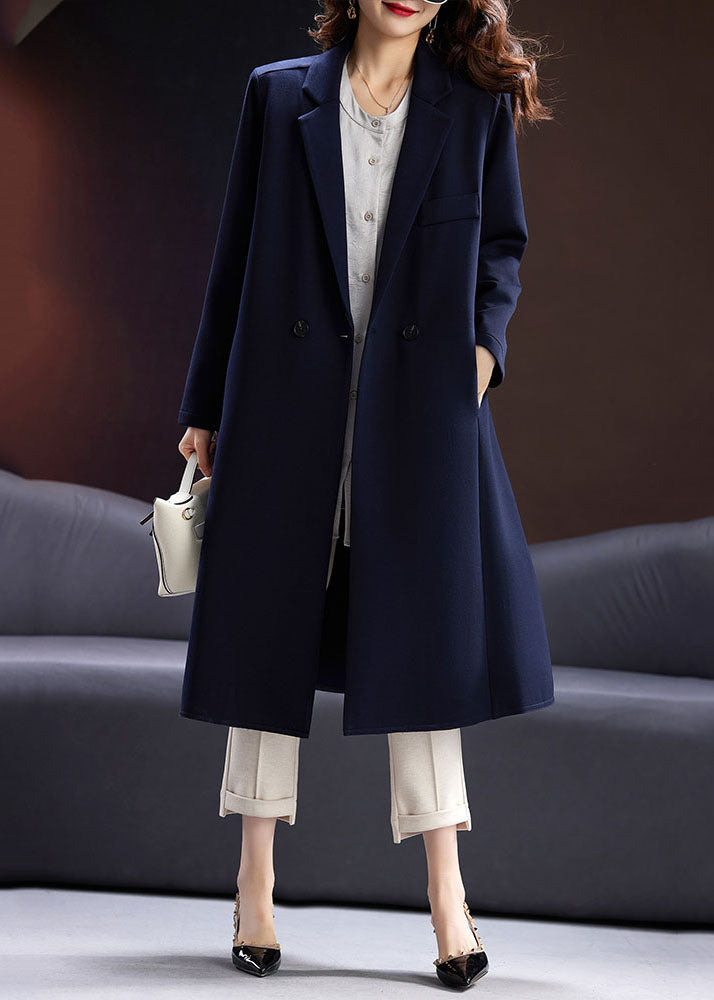 Blue Notched Button Pockets Long Coats Fall