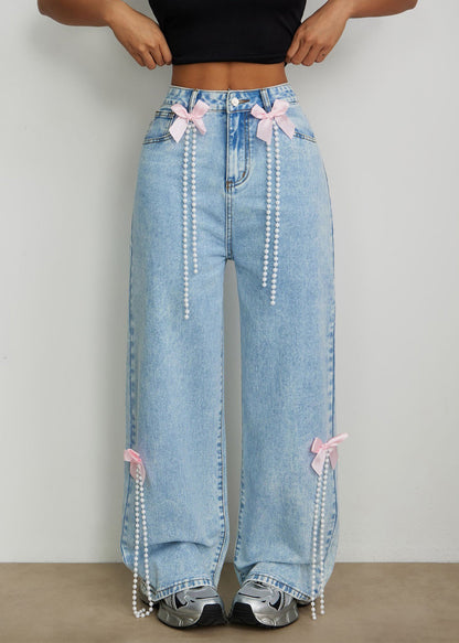 Blue High Waist Bow Pearl Tassel Wide Leg Jeans