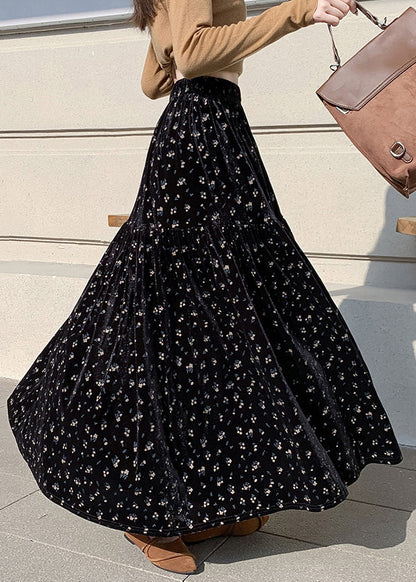 Apricot Print Wrinkled High Waist Velvet Skirts