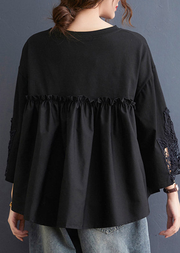 Brief Black O-neck Lace Patchwork Sweatshirts Top Three Quarter Sleeve
