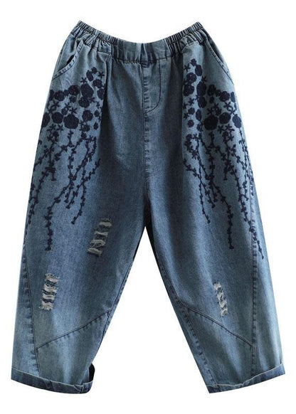 Blue Embroideried Summer Denim Pants