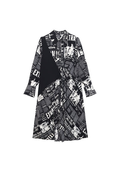 Black Low High Design Print Patchwork Satin Shirt Dress Spring