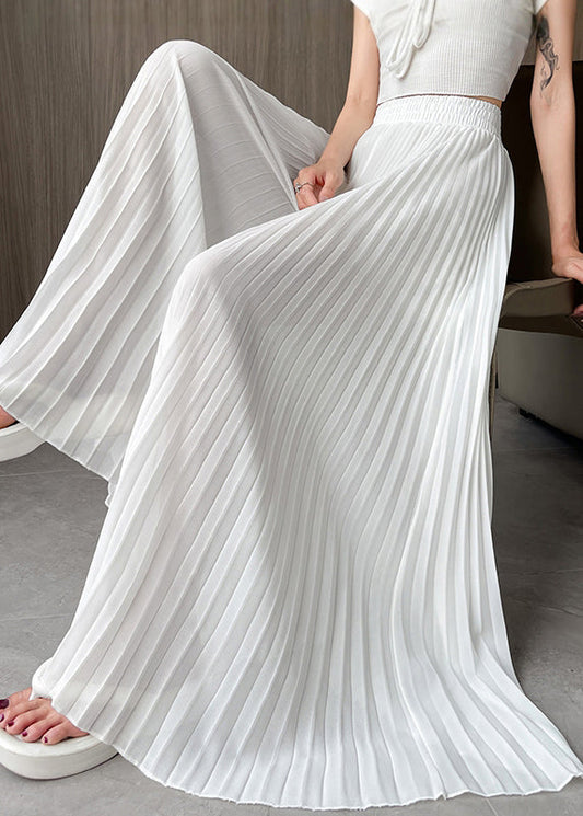Simple White Wrinkled Elastic Waist Chiffon Pants Summer